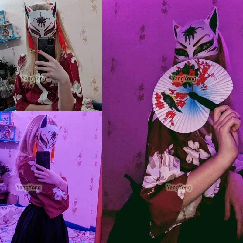 Kitsune Mask for Halloween Costume,Traditional Fox Kabuki Anime Masquerade Ball Party