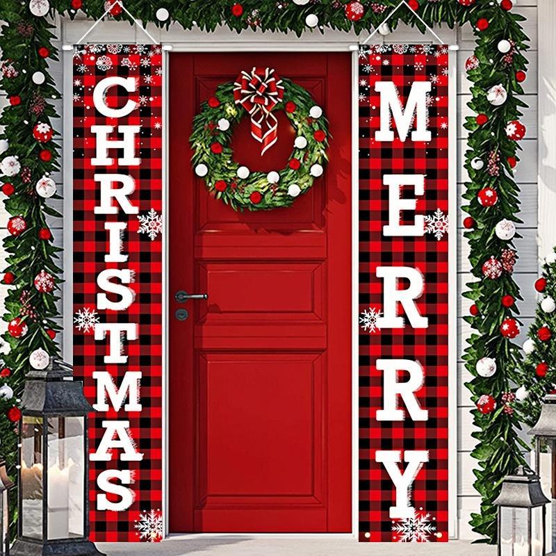 Merry Christmas Door Banner, 1 Pair Outdoor Holiday Decoration, Door Hanging Banner, Party Wall Hanging Decoration, Home Decor Supplies