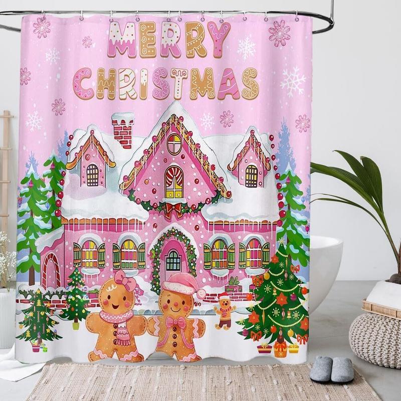 Christmas Gingerbread House Bathtub Shower Curtain - Pink Merry Christmas Design - 72x72inch - Waterproof - Easy Care - with 12 Plastic Hooks