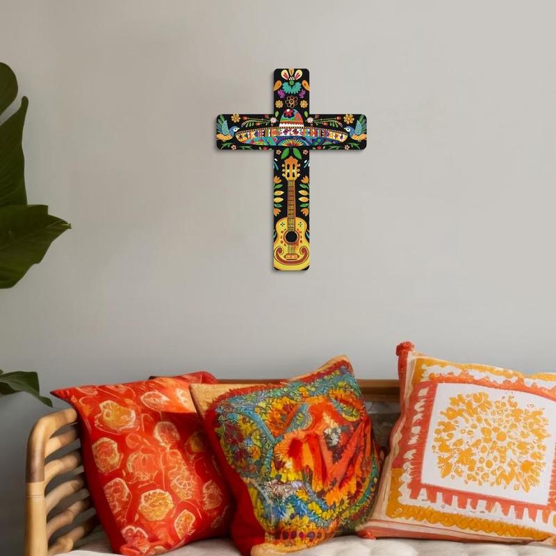 Mexican Style Crucifix, 1 Count Wooden Wall Art Decor, Wall Mounted Cross Decoration for Farmhouse Living Room Restaurant Church Snack Bar, Gifts