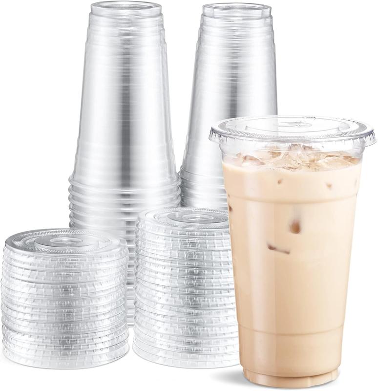 50-Pack Clear Plastic Cups with Flat Lids - 12 16 20 24 oz, Disposable PET Crystal Party Cups - Perfect for Coffee, Fruit Juices and Cold Beverages