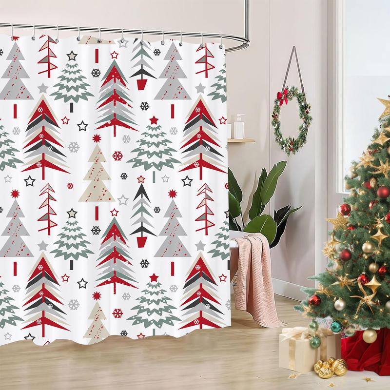 PAUSEBOLL Christmas Tree Shower Curtain, Xmas Tree Shower Sets Winter Snowflake New Year Holiday Home Bathroom Bathtubs Decor, Waterproof Polyester Fabric Bathroom Curtain Set with Hooks 72X72 Inches