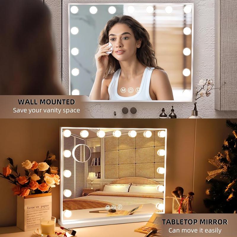 Vanity Mirror with Lights, 22''x18'' Hollywood Mirror, Makeup Mirror with 15 Dimmable Bulbs, 10X Magnification and USB Charging Port, White