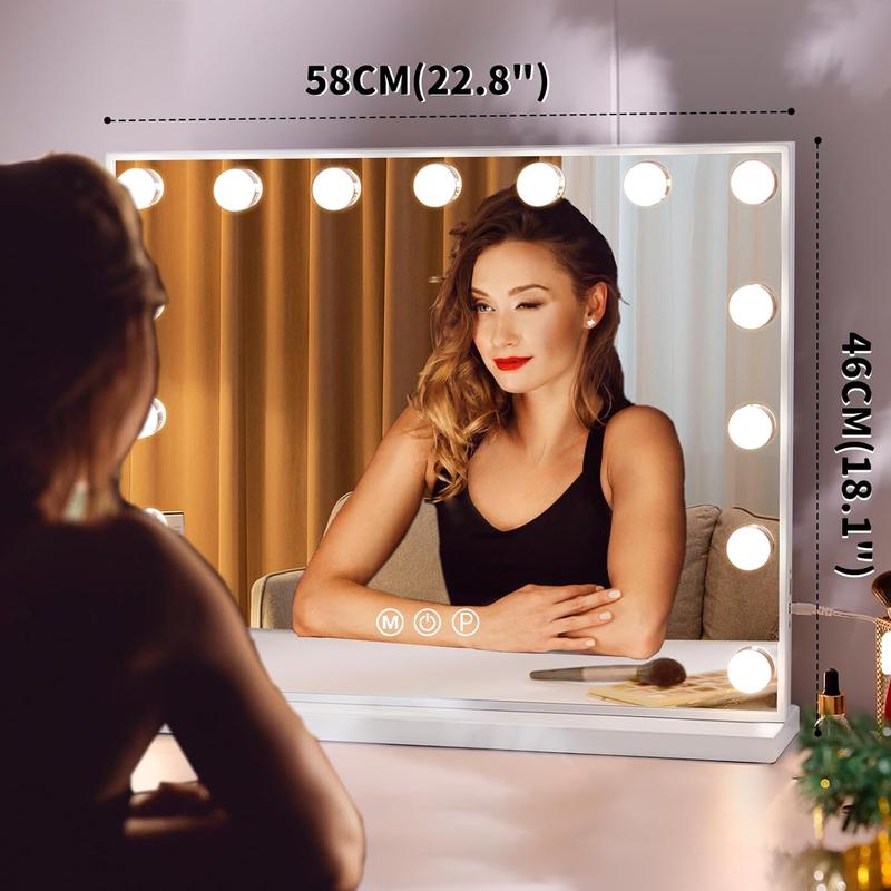 Vanity Mirror with Lights, 22''x18'' Hollywood Mirror, Makeup Mirror with 15 Dimmable Bulbs, 10X Magnification and USB Charging Port, White