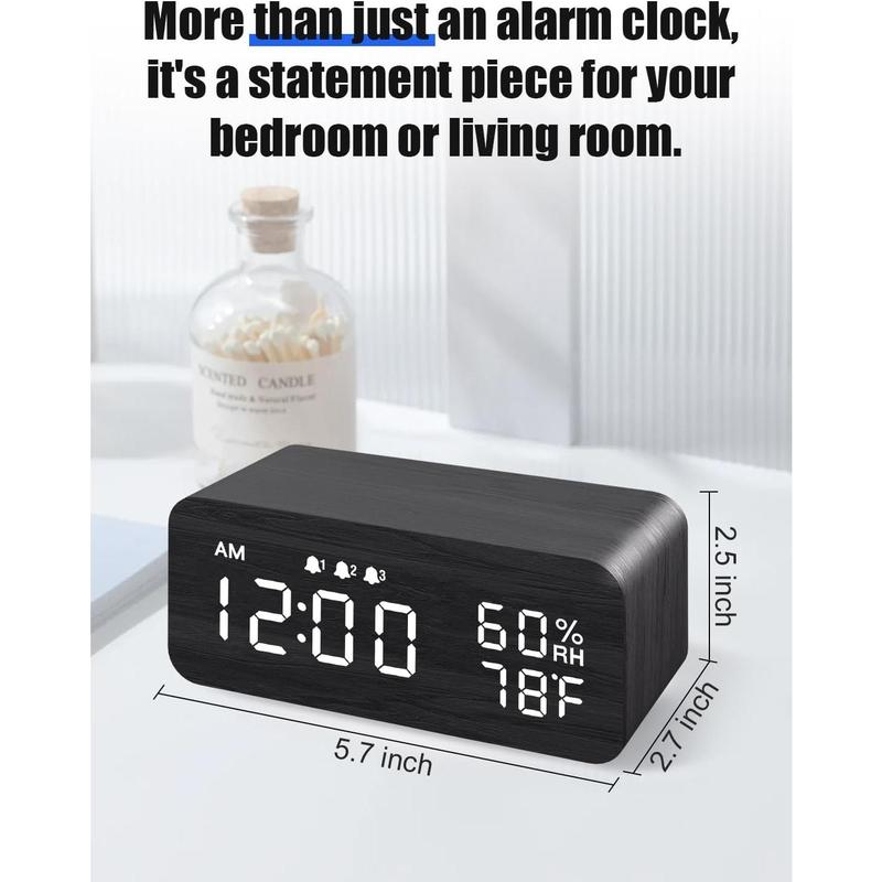 Wooden Digital Alarm Clock with Wireless Charging, Dimmable, Adjustable Volume, 3 Alarms, Weekday Weekend Mode, Snooze, Digital Clock for Bedroom, Bedside, Office (Black)