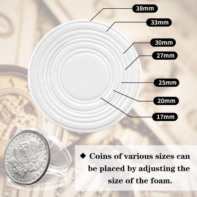 63PCS Silver Dollar Coin Holder, Clear Coin Capsules, Coin Holders for Collectors, Plastic Coin Case for Morgan Silver Dollar, Coin Protectors with Adjustable Gasket (17 20 25 27 30 33 38 40mm) Organiser Boxes Transparent