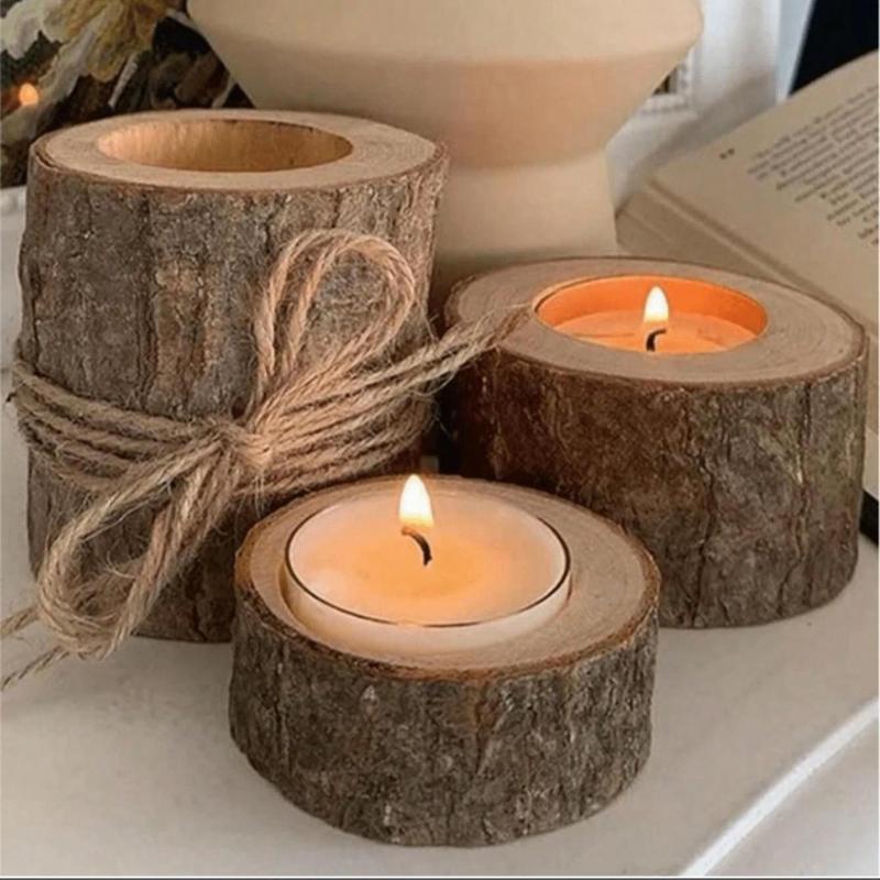 Wooden Log Candle Holder, 3 Counts Creative Wooden Candle Holder, Decorative Candle Holder for Home Party Wedding, Home Decor Supplies