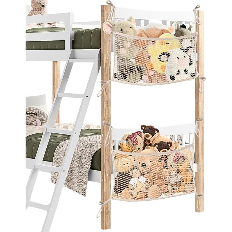 Storage Net for s, Bedside Toy Organizer Net - Neatly Store Your Stuffed Animals, 2 Pack Cotton Bedside Stuffed Animal Storage Net with Tether, Stretches up to 32 Inches, Beige