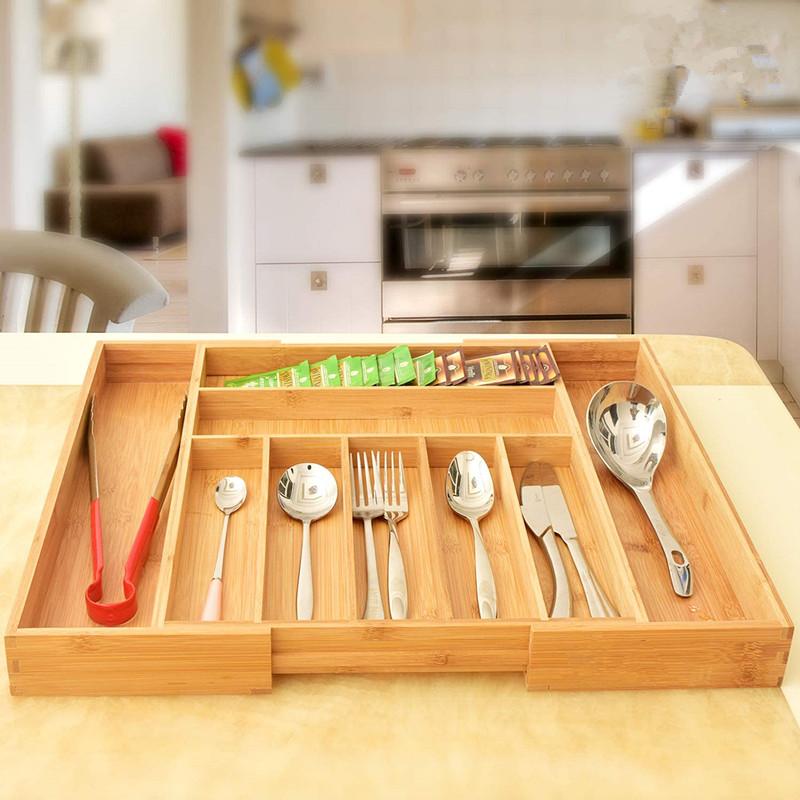 Bamboo Expandable Utensil Drawer Organizer, Premium Bamboo for Cutlery, Flatware, Silverware - Drawer Dividers for Easy Storage (7-9 Slots)