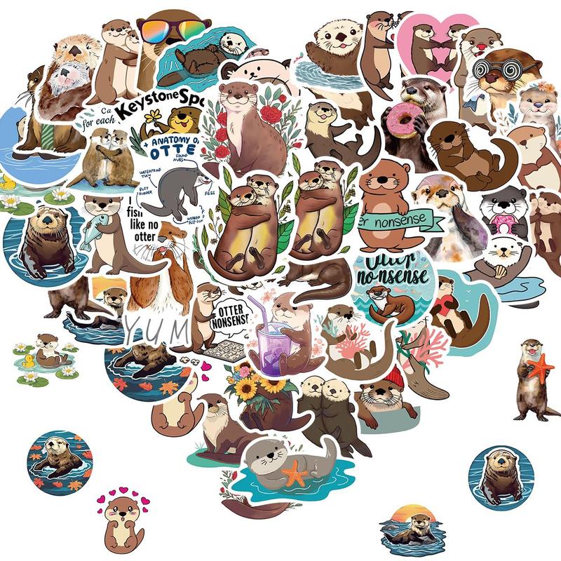 Otter Pattern Sticker, 50pcs Waterproof Self Adhesive Decor Paper, Decor Sticker for Gift Greeting Card Water Bottle Laptop Phone