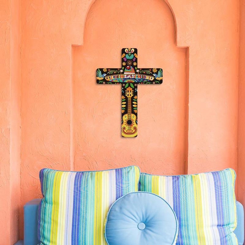 Mexican Style Crucifix, 1 Count Wooden Wall Art Decor, Wall Mounted Cross Decoration for Farmhouse Living Room Restaurant Church Snack Bar, Gifts