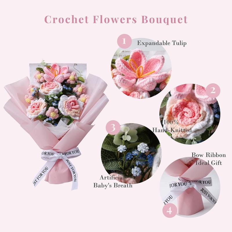 Crochet Flower Bouquet with Gift Bag & Greeting Card, 1 Set Artificial Knitted Flowers, Warm Faux Flowers Bouquet for Anniversary, Birthdays, Wedding