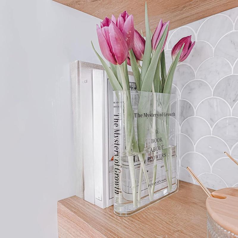 Bookend Vase for Flowers, Cute Bookshelf Decor, Unique Vase for Book Lovers, Artistic and Cultural Flavor Acrylic Vases for Home Office Decor, As Book About Flowers (Clear - B), Birthday Gifts, Halloween, Easter, Christmas Gifts Ornaments water lily