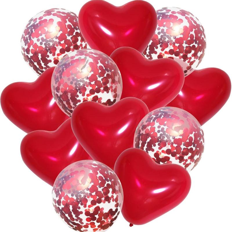 12in Balloon for Birthday, 10pcs set Red Heart Shaped Balloon, Confetti Balloon for Birthday Wedding, Sweet Romantic Party Decor