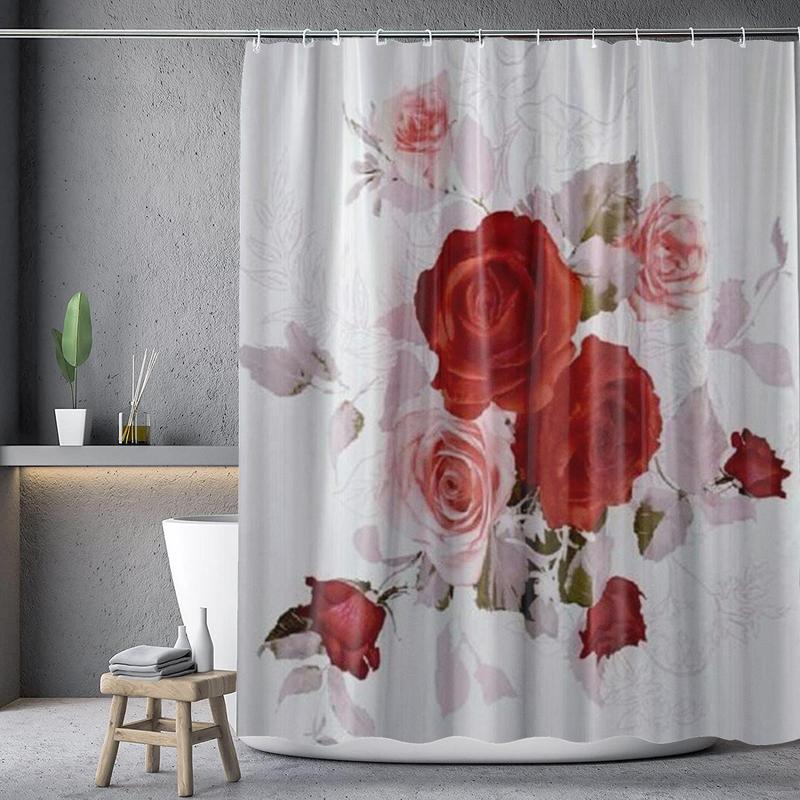 Rose Print Shower Curtain, Waterproof Shower Curtain with 12 Hooks, Bathroom Accessories, Bathroom Decor Supplies,