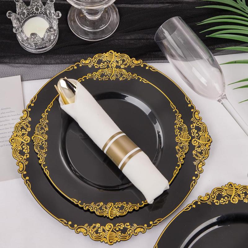 Nervure 175PCS Black and Gold Plastic Plates - Disposable Black Party Plates & Pre Rolled Napkins for 25 Guests, 50Plates, 75Silverware, 25Cups,Napkin