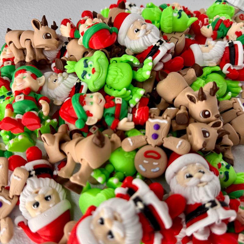 Christmas Mini Articulated Figures Set - Santa, Green Grump, Elf, Gingerbread Man, Reindeer - 3D Printed Holiday Toys