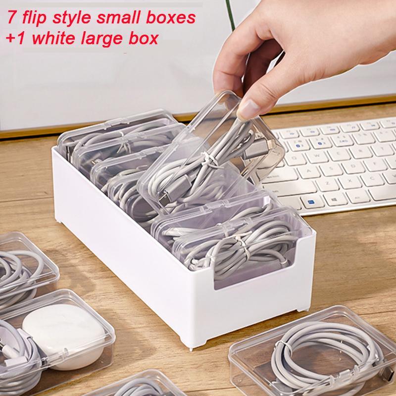 Cable Management Box, 1 Set Cable Organizer Including 7 Counts Flip Style Small Boxes & 1 Count Large Box, Desktop Charging Cable Storage Box for Office Home