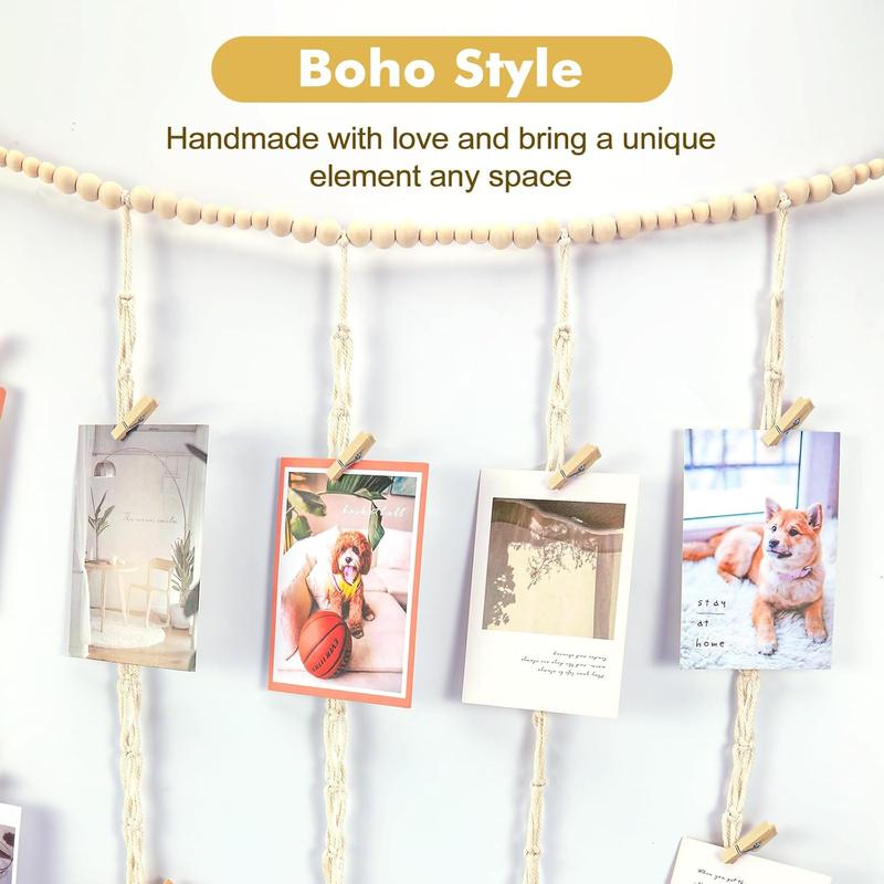 Macrame Hanging Photo Display Boho Wall Decor, Picture Christmas Card Holder with String Lights, Photo Hanger with 50 Clips for Room, Dorm, Nursery, Home Decor, Teenage Teen Girl Gifts