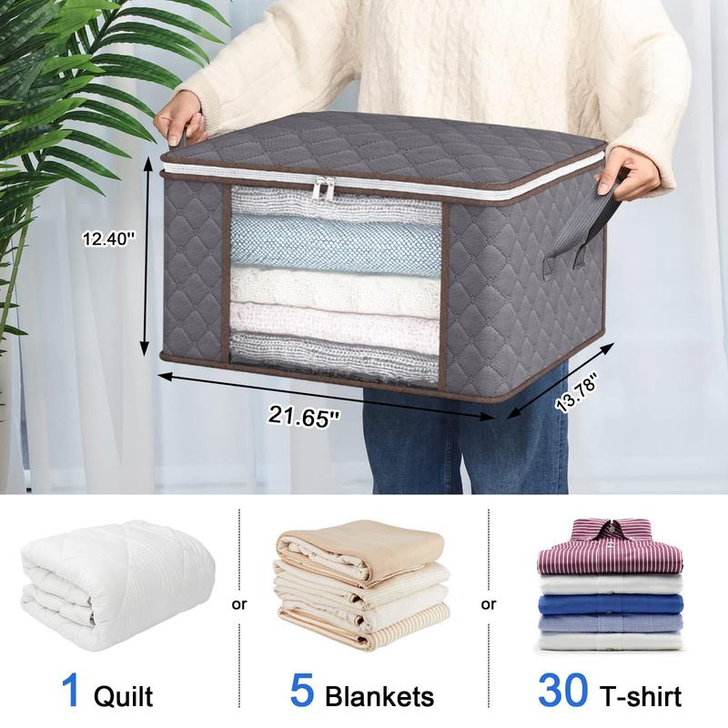 6 Pack Clothes Storage Organizers Foldable Clothing Storage Bags with Reinforced Handles Sturdy Zippers Storage Containers for Organizing Blanket Bedroom Closet Dorm Sweater, 60L, Gray