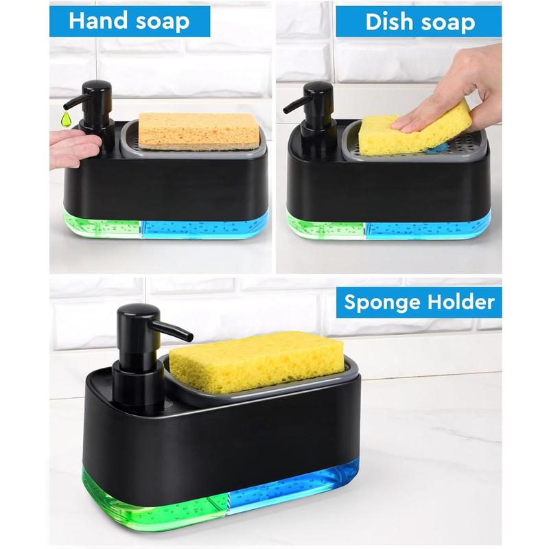 Hand and Dish Soap Dispenser Set for Kitchen, Dual Soap Dispenser with Sponge Holder, 3-in-1 Countertop Soap Pump Dispenser for Kitchen Sink, Useful Kitchen Gadgets