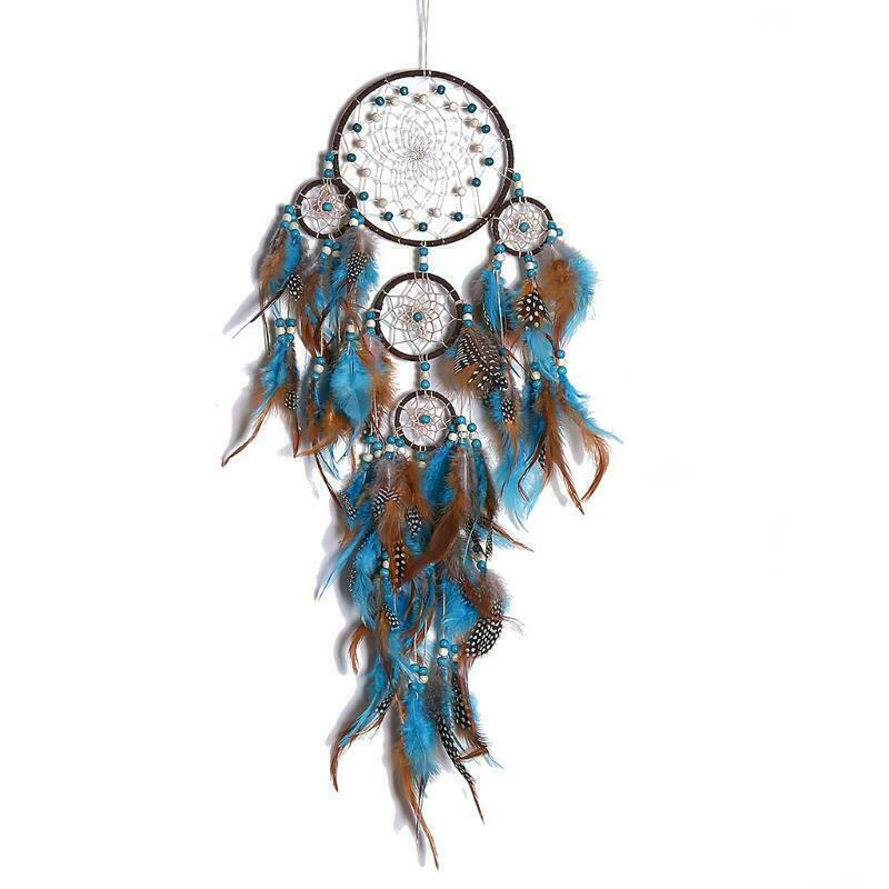 Large Dream Catchers Blue 5 Circles Feathers, Handmade Indians Traditional Circular Net for Wall Hanging Decor, Bedroom Kids, Home Decoration Wedding Party Blessing Christmas Thanksgiving Gift