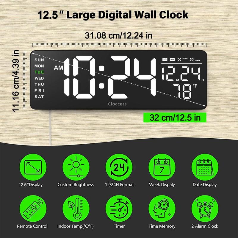 Large Digital Wall Clock, 12.5 16.5 Inch LED Wall Clock with 7 Color Changing Night Light, Battery Powered Auto Dimmer LED Wall Clock for Home, Office, Workplace