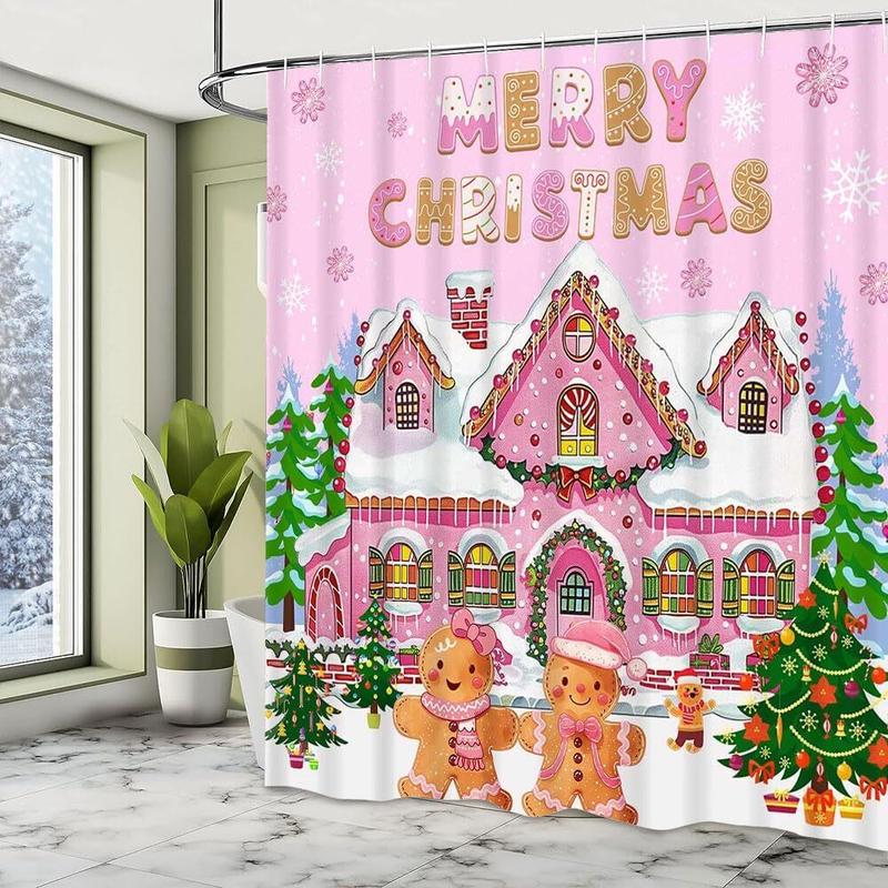 Christmas Gingerbread House Bathtub Shower Curtain - Pink Merry Christmas Design - 72x72inch - Waterproof - Easy Care - with 12 Plastic Hooks