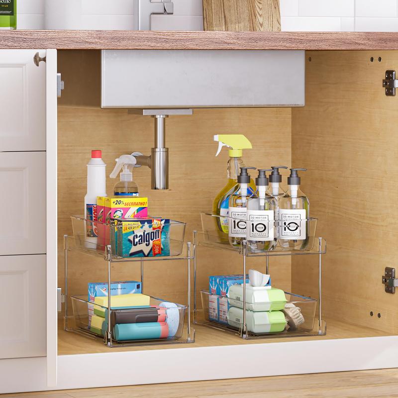 [Black Fridayl]Vtopmart 2 Tier  2-4 Pack Clear Bathroom Storage Organizer, Kitchen Pull-Out Organization with Track  For Under Sink , Medicine, Pantry