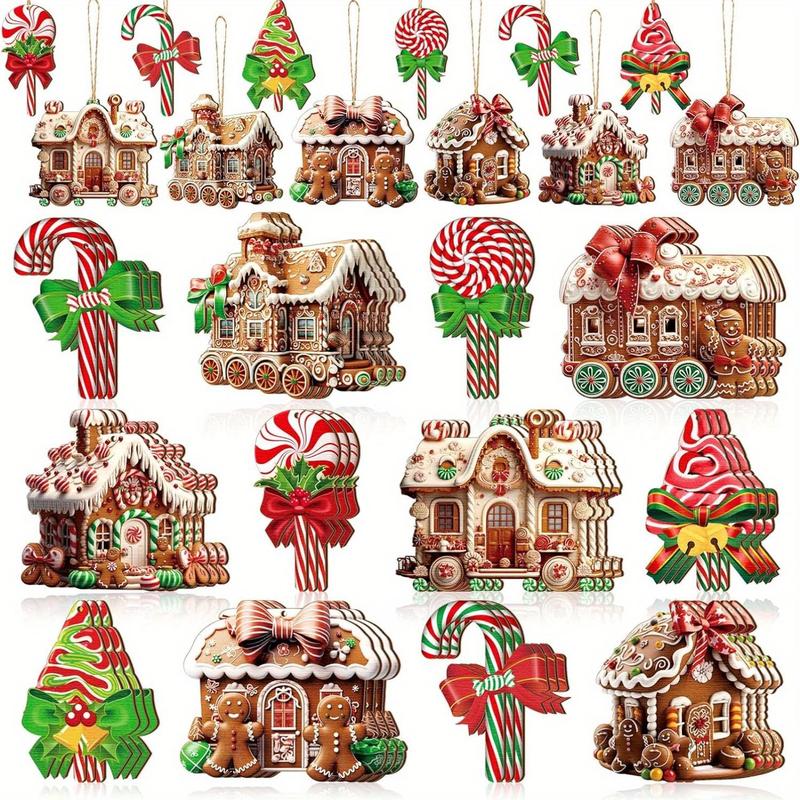 Cute Gingerbread House Candy Pattern Hanging Ornament, 24pcs set Wooden Hanging Decoration with Rope, Festive & Party Supplies for Home Decor