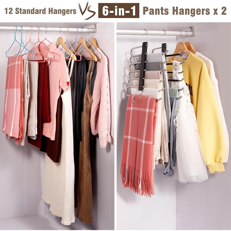 6 Layer Pants Hanging Rack, 1 2 Counts Space Saving Closet Organizer for Pants Jeans Skirt Scarf Leggings, Home Clothes Storage Holder