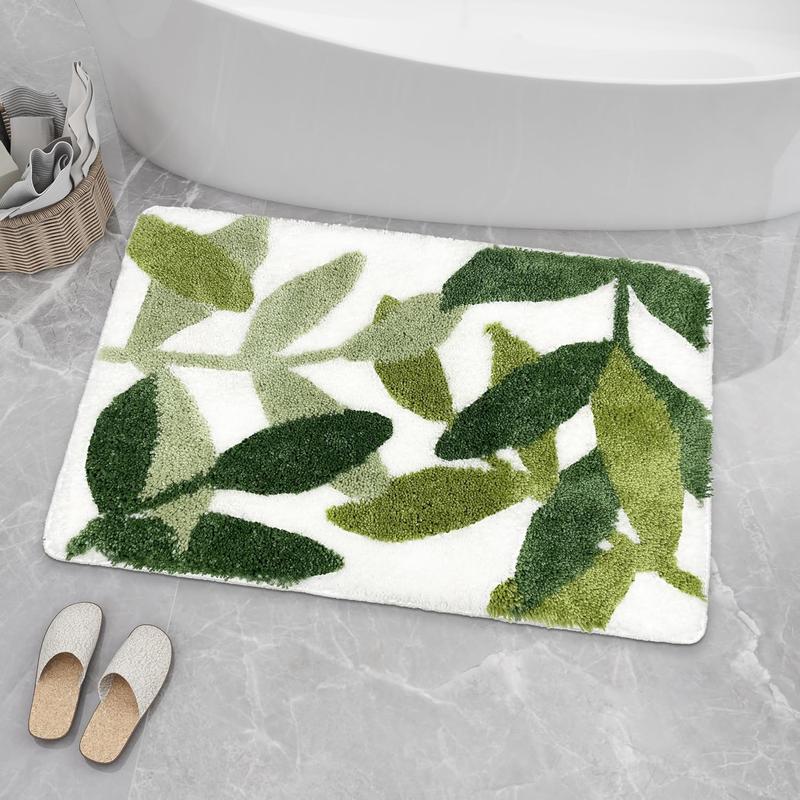 Green Bathroom Rug Set, Non-Slip Water Absorbent Rubber Bath Mat Set of 2 Leaf Bath Rug Cute Bathroom Mats (17.5