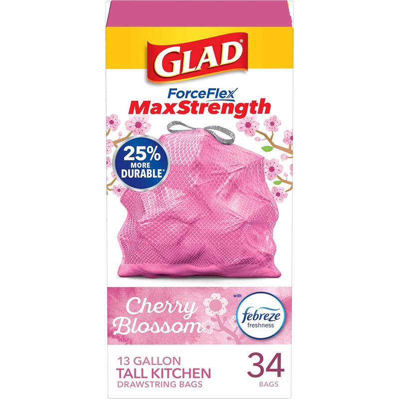 Tall Kitchen Drawstring Trash Bags, 13 Gallon, Cherry Blossom with Febreze Freshness, 34 Count