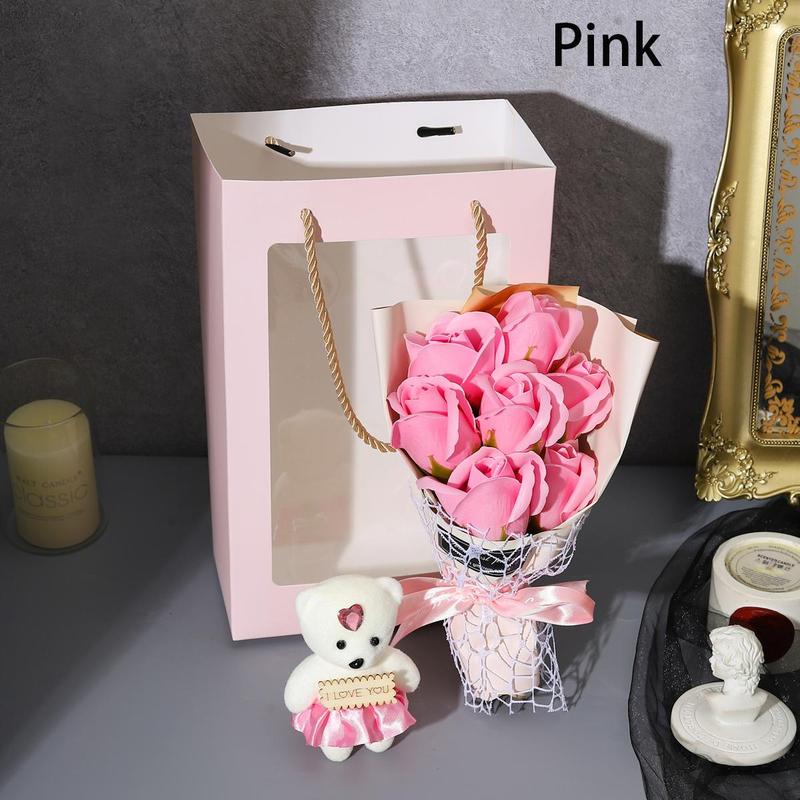 Artificial Rose Flower Gift Box, 1 Count Rose Flower Bouquet Gift Box with Besr, Room Decor, Girlfriend Gifts, Creative Birthday Gift, Wedding Gift, Party Gift