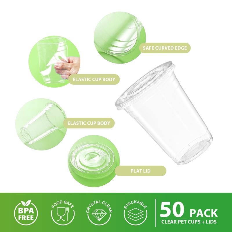 50-Pack Clear Plastic Cups with Flat Lids - 12 16 20 24 oz, Disposable PET Crystal Party Cups - Perfect for Coffee, Fruit Juices and Cold Beverages