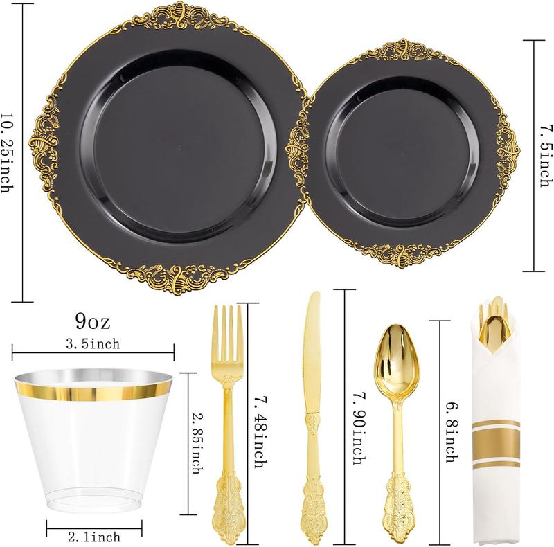 Nervure 175PCS Black and Gold Plastic Plates - Disposable Black Party Plates & Pre Rolled Napkins for 25 Guests, 50Plates, 75Silverware, 25Cups,Napkin