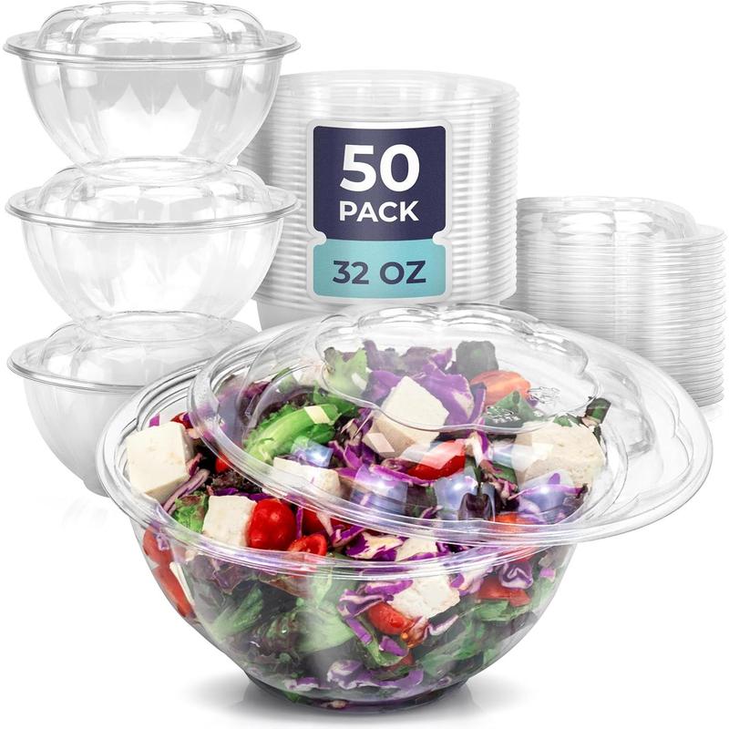 50 Pack 32 oz Disposable Plastic Clear Salad Bowls with Airtight Lids, Crystal Salad Bowls To Go for Lunch, BPA Free Food Takeout Containers, Acai Bowls for Meal Prep, Party, Severing kitchen bowl