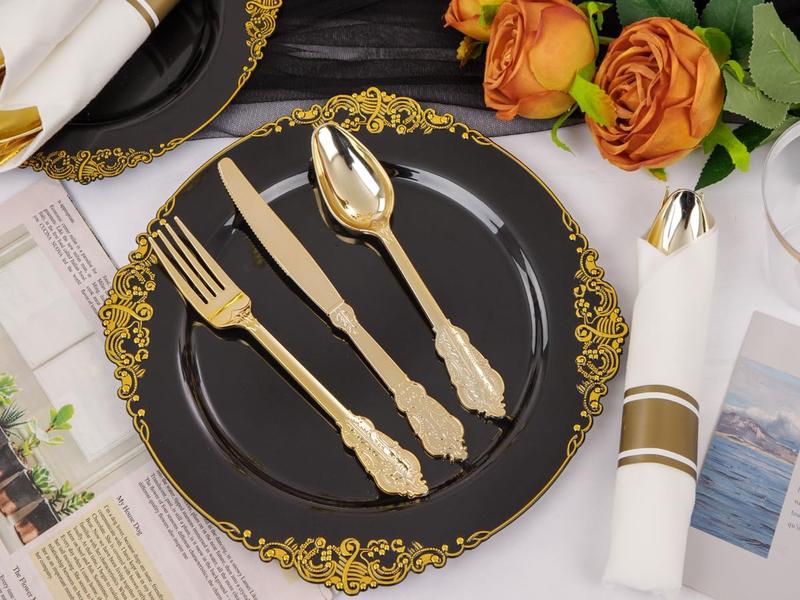 Nervure 175PCS Black and Gold Plastic Plates - Disposable Black Party Plates & Pre Rolled Napkins for 25 Guests, 50Plates, 75Silverware, 25Cups,Napkin