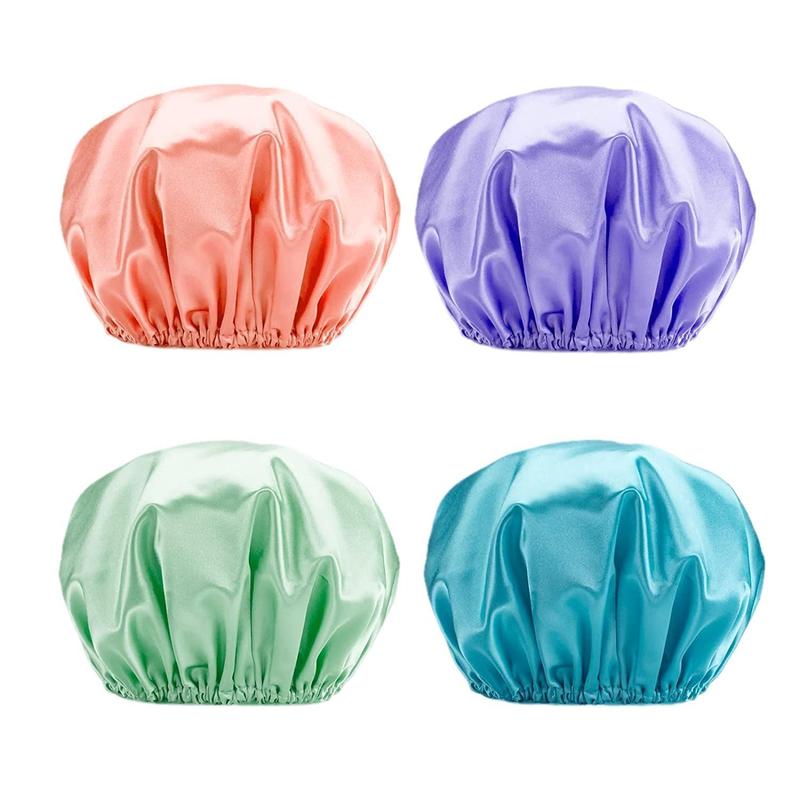 Solid Color Reusable Shower Cap, 4 Counts set Waterproof Elastic Bathing Hat, Hair Cap for Women, Bathroom Supplies