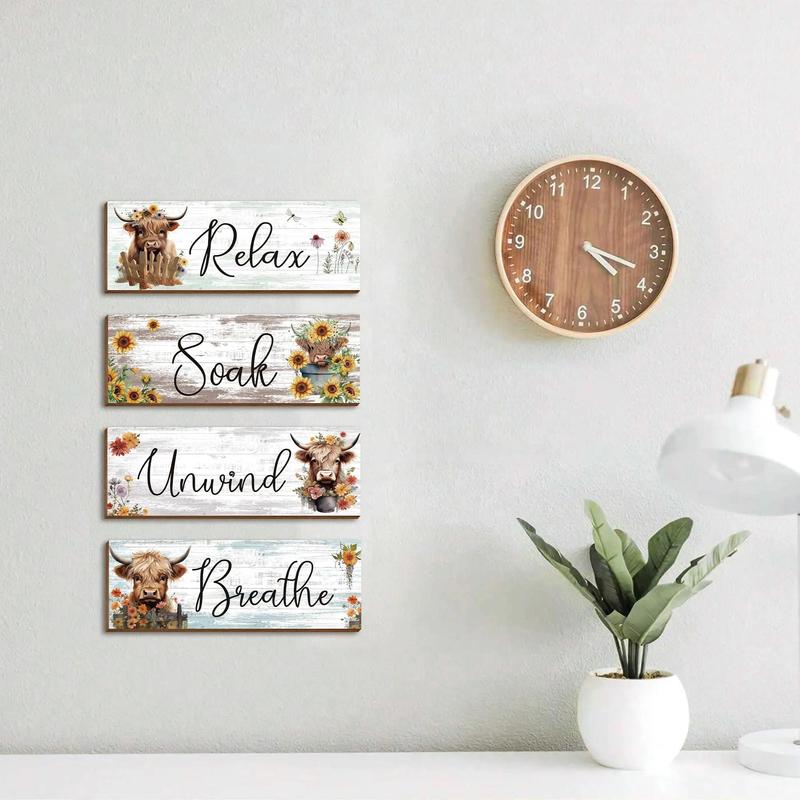 Wooden Letter & Cow Pattern Sign, 4pcs set Rustic Farmhouse Wall Decor, Wall Hanging Decor for Home Living Room Bedroom Dining Room Kitchen