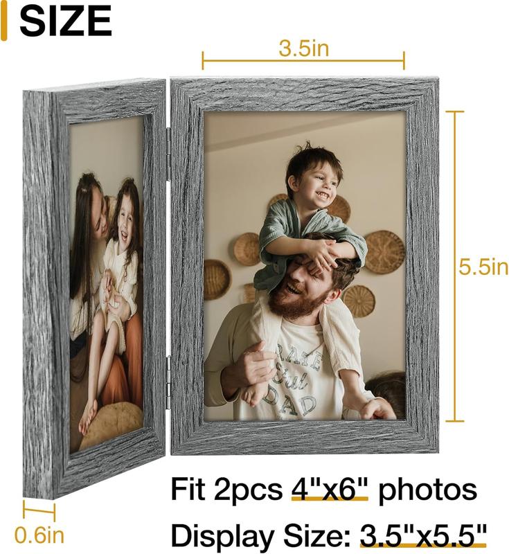 Double 4x6 Picture Frame Vertical, Engineered  Bifold Photo Frame with Plexiglass for Tabletop Display, Double Picture Frames 4x6 Grey