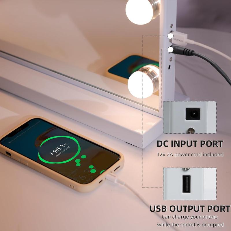 Vanity Mirror with Lights, 22''x18'' Hollywood Mirror, Makeup Mirror with 15 Dimmable Bulbs, 10X Magnification and USB Charging Port, White