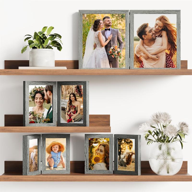 Double 4x6 Picture Frame Vertical, Engineered  Bifold Photo Frame with Plexiglass for Tabletop Display, Double Picture Frames 4x6 Grey