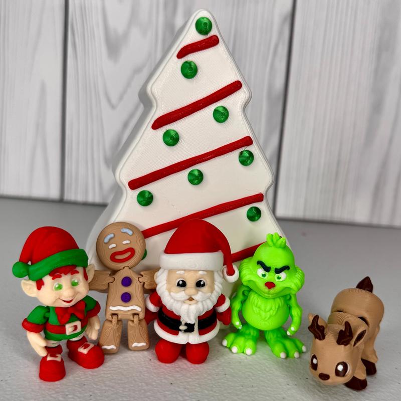 Christmas Mini Articulated Figures Set - Santa, Green Grump, Elf, Gingerbread Man, Reindeer - 3D Printed Holiday Toys