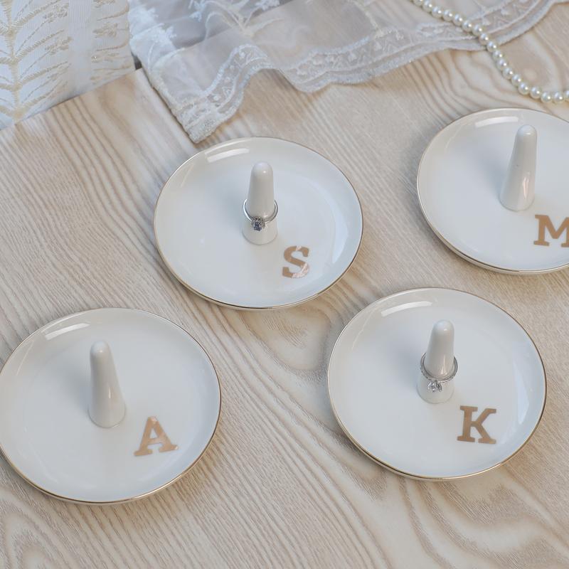 HOME SMILE Initials Ring Holder Jewery Tray -Monogrammed Engagement Gifts for Friends,Birthday Mother's Day Christmas Gifts for Women,Ceramic White