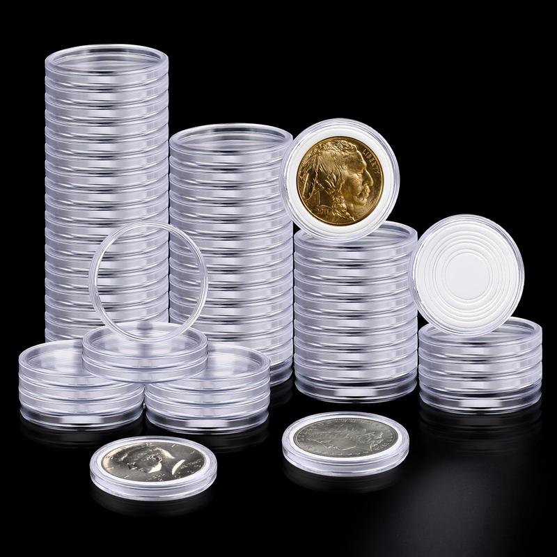 63PCS Silver Dollar Coin Holder, Clear Coin Capsules, Coin Holders for Collectors, Plastic Coin Case for Morgan Silver Dollar, Coin Protectors with Adjustable Gasket (17 20 25 27 30 33 38 40mm) Organiser Boxes Transparent