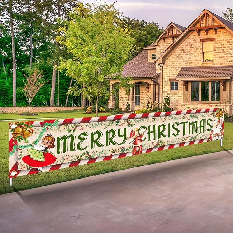 Vintage Christmas Decorations, 1 Count Outdoor Yard Sign, Vintage Style Merry Christmas Banner, Traditional Retro Santa Xmas Hanging Banner for Holiday Party