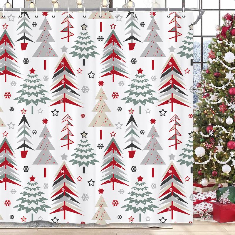 PAUSEBOLL Christmas Tree Shower Curtain, Xmas Tree Shower Sets Winter Snowflake New Year Holiday Home Bathroom Bathtubs Decor, Waterproof Polyester Fabric Bathroom Curtain Set with Hooks 72X72 Inches