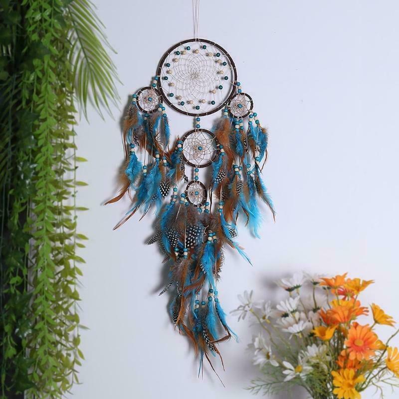 Large Dream Catchers Blue 5 Circles Feathers, Handmade Indians Traditional Circular Net for Wall Hanging Decor, Bedroom Kids, Home Decoration Wedding Party Blessing Christmas Thanksgiving Gift