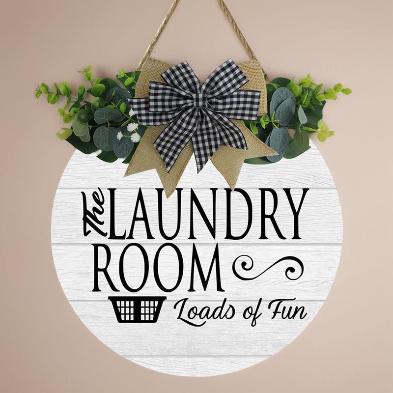 Laundry Room Sign, 1 Count Letter Pattern Wreath Decor Round Wooden Wall Art, Hanging Decoration for Laundry Room